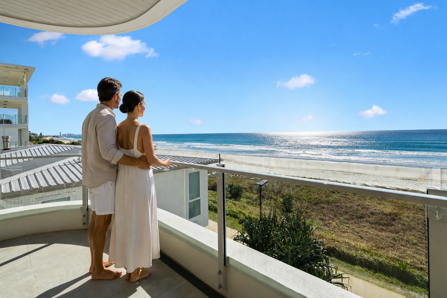 A couple standing on the Aurum balcony looking out over the ocean