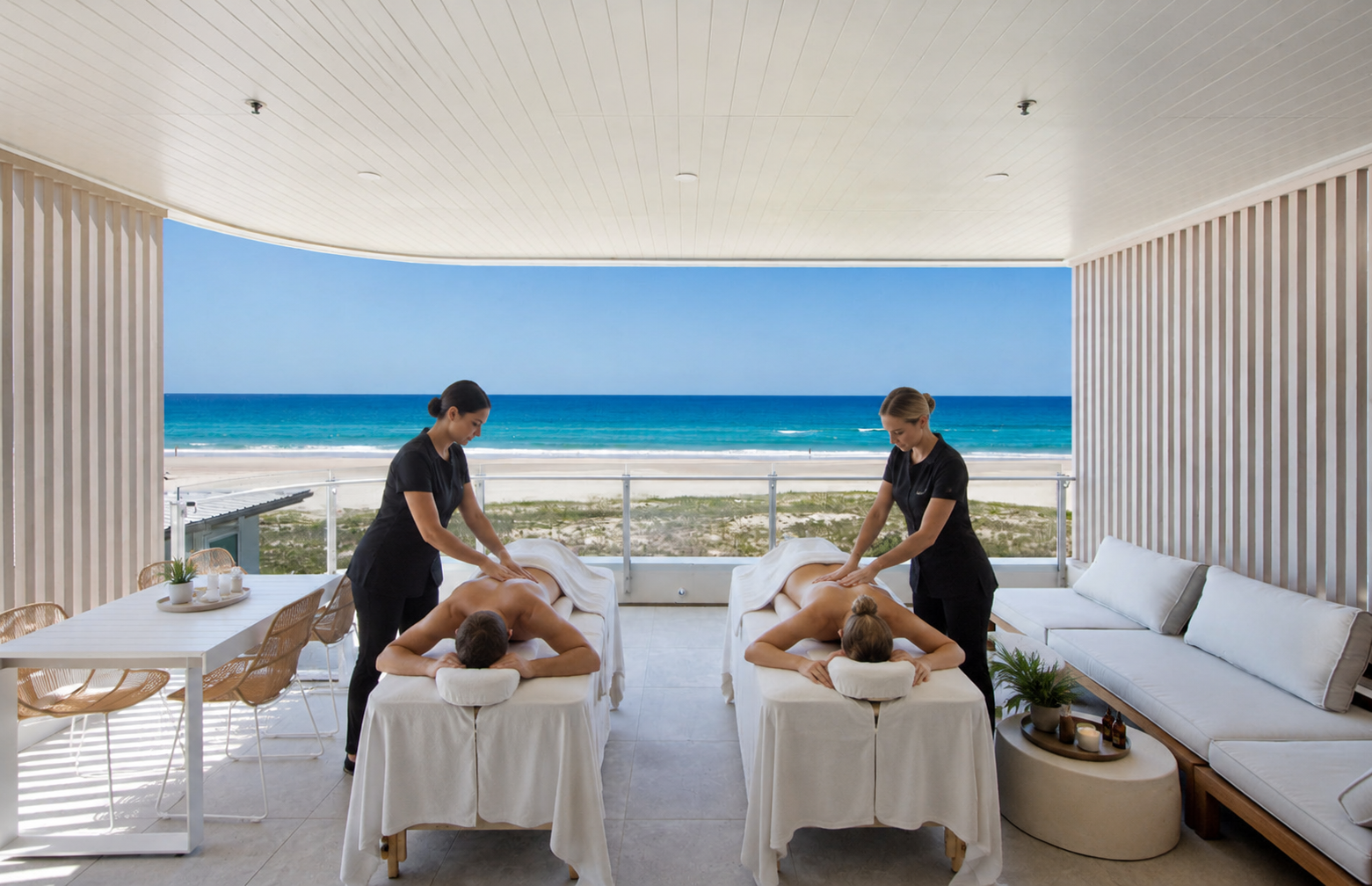 Couples massage on an oceanfront balcony at Aurum