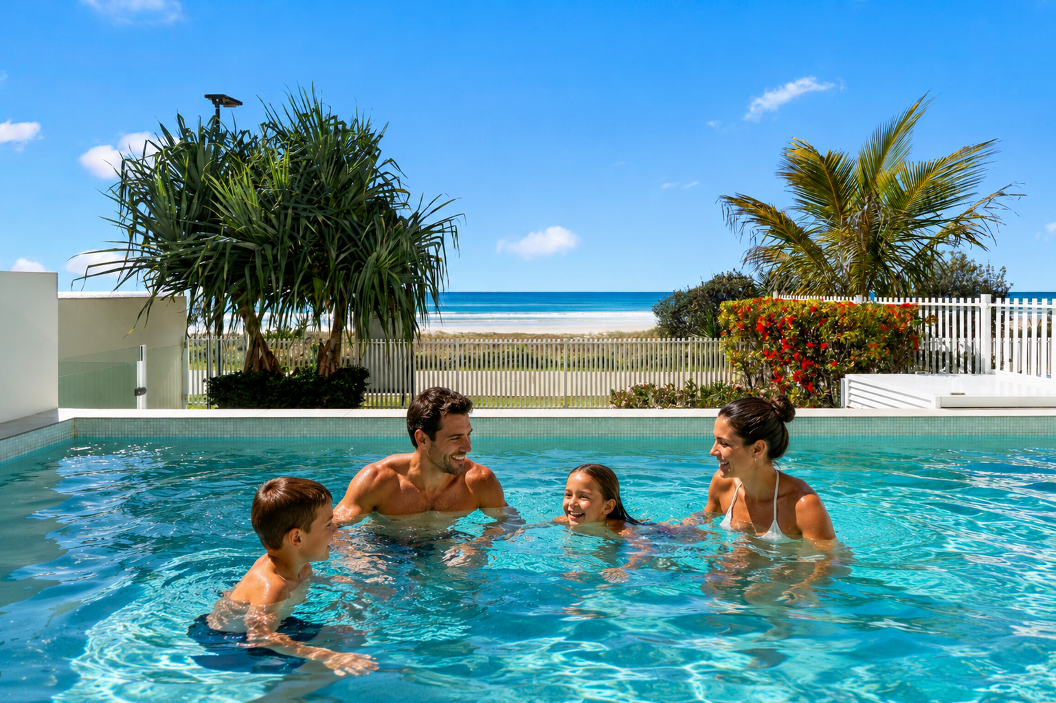 Family enjoying the private oceanfront pool at Aurum
