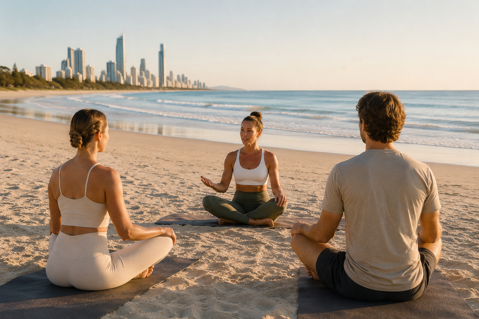 Sunrise beach yoga session on the Gold Coast
